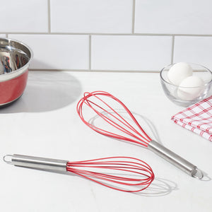 Red Silicone & Stainless Steel Whisks, 3-Pack