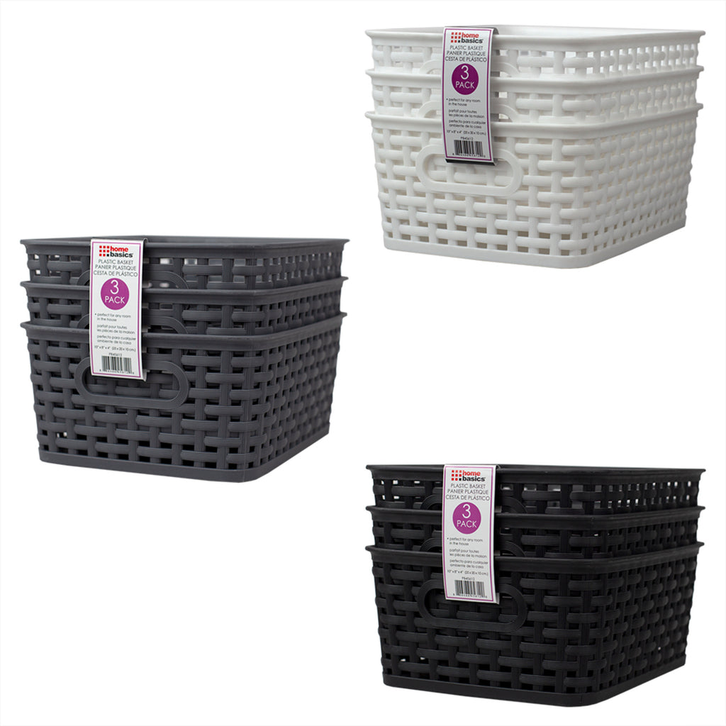 Home Basics Crossweave 10" x 7.5" x 4" Multi-Purpose Stackable Plastic Storage Basket, (Pack of 3) - Assorted Colors