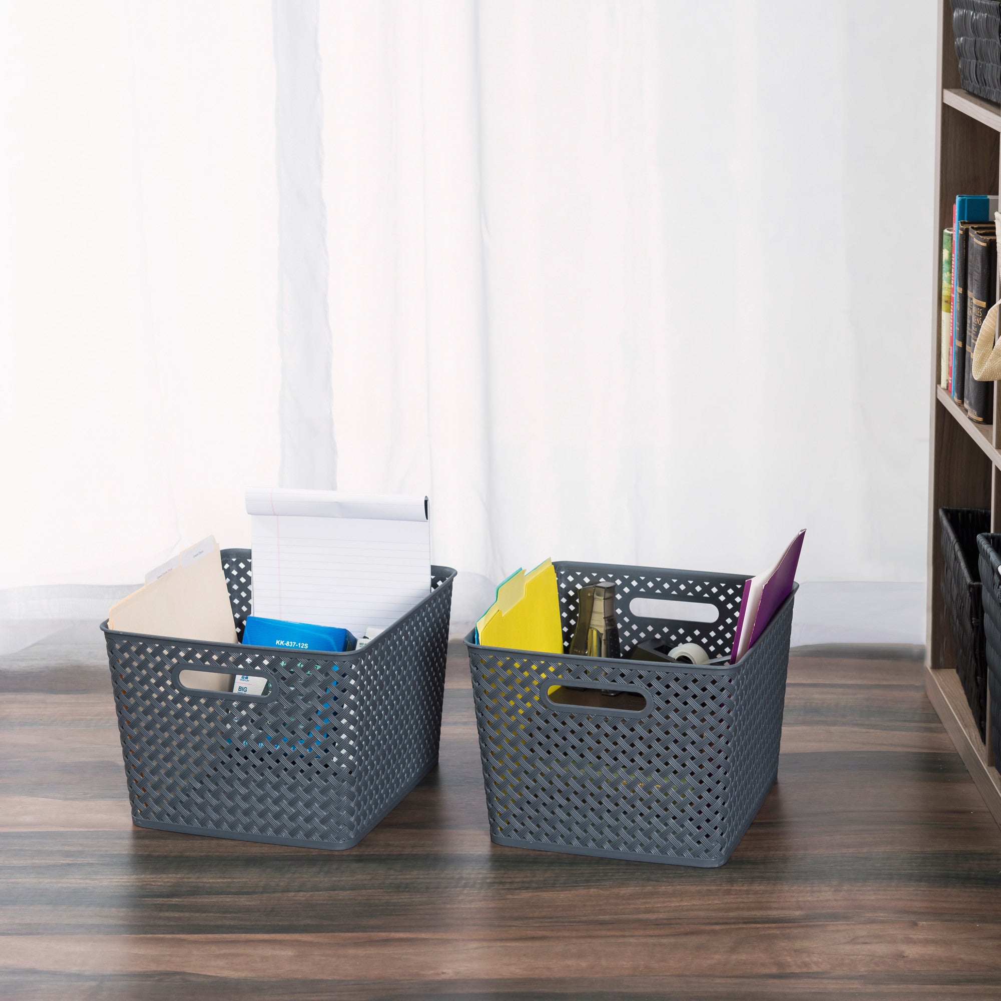 Home Basics Triple Woven 14" x 11.75" x 8.75" Multi-Purpose Stackable Plastic Storage Basket, (Pack of 2) - Assorted Colors