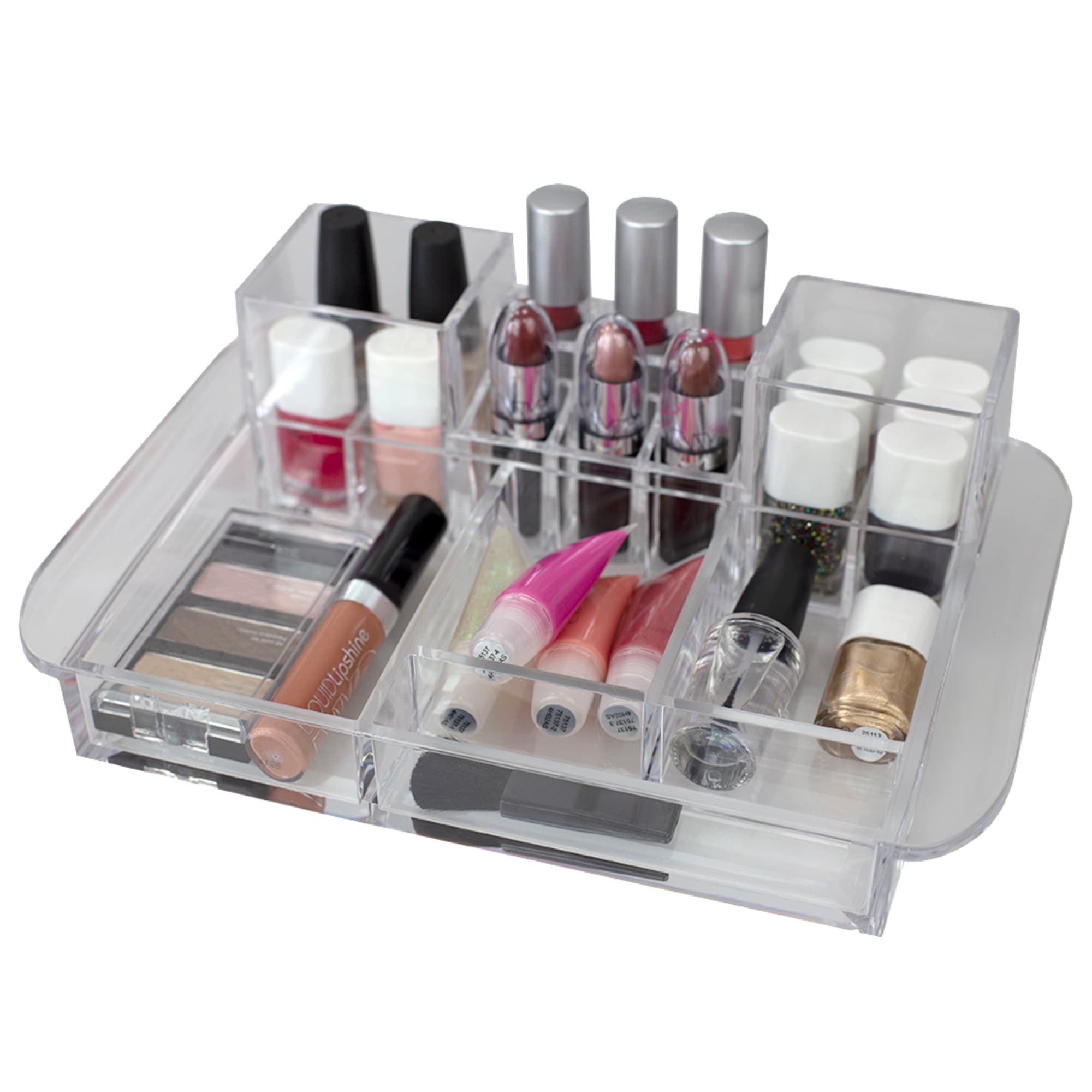 Home Basics Deluxe Large Capacity 16 Compartment Transparent Plastic Cosmetic Makeup and Jewelry Storage Organizer with Easy Grip Handles, Clear $6.00 EACH, CASE PACK OF 12