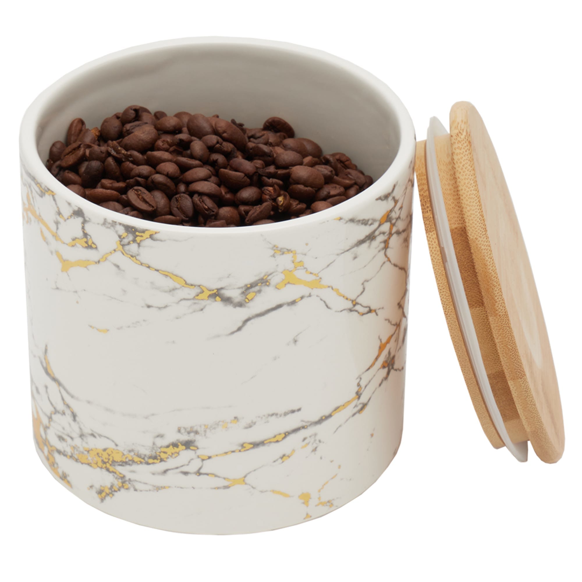 Home Basics Marble Like Small Ceramic Canister with Bamboo Top, White $5.00 EACH, CASE PACK OF 12