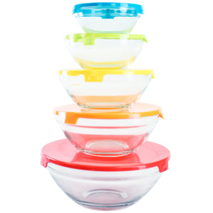 Home Basics 5 Piece Glass Bowl Set with Plastic Colorful Lids $5 EACH, CASE PACK OF 12