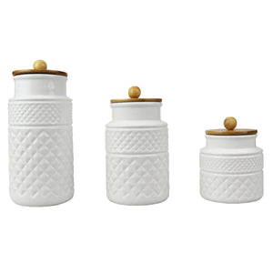 Home Basics 3 Piece Embossed Ceramic Canister with Bamboo Tops, White $20 EACH, CASE PACK OF 2