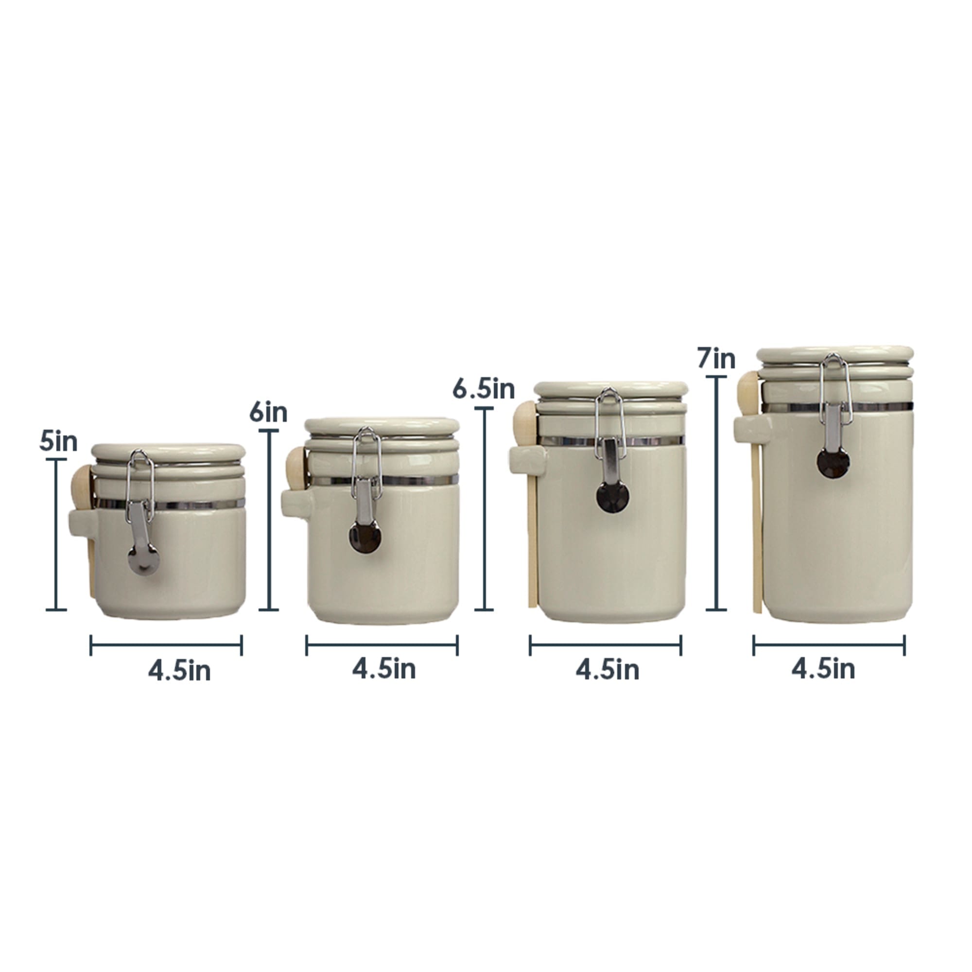 Home Basics 4 Piece Ceramic Canisters with Easy Open Air-Tight Clamp Top Lid and Wooden Spoons, Beige $20.00 EACH, CASE PACK OF 2
