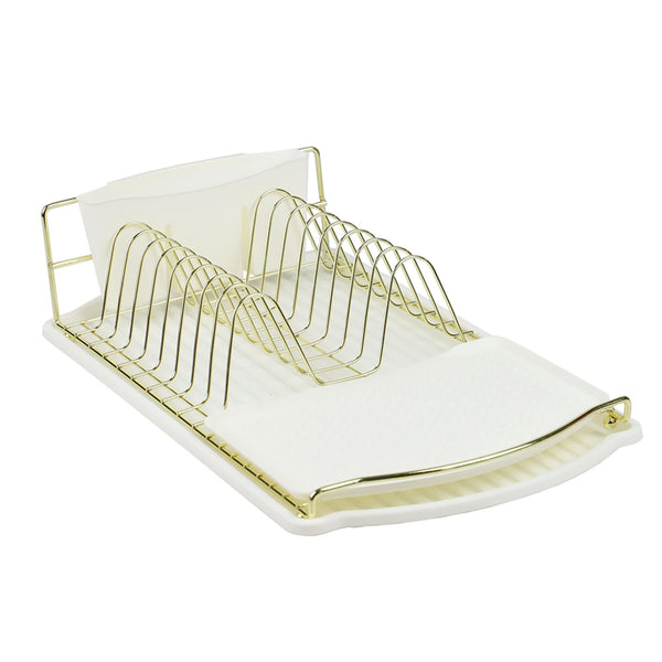 Michael Graves Design Deluxe Dish Rack with Gold Finish and Removable  Utensil Holder, White/Gold