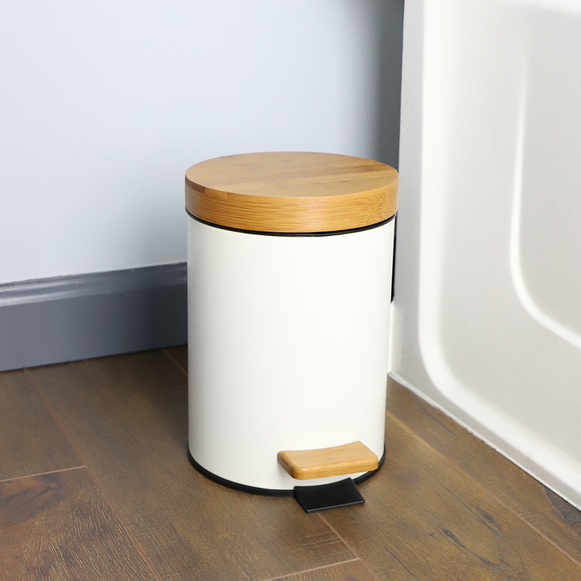 Home Basics 3 Lt Steel Step Waste Bin with Bamboo Top, White $8 EACH, CASE PACK OF 6
