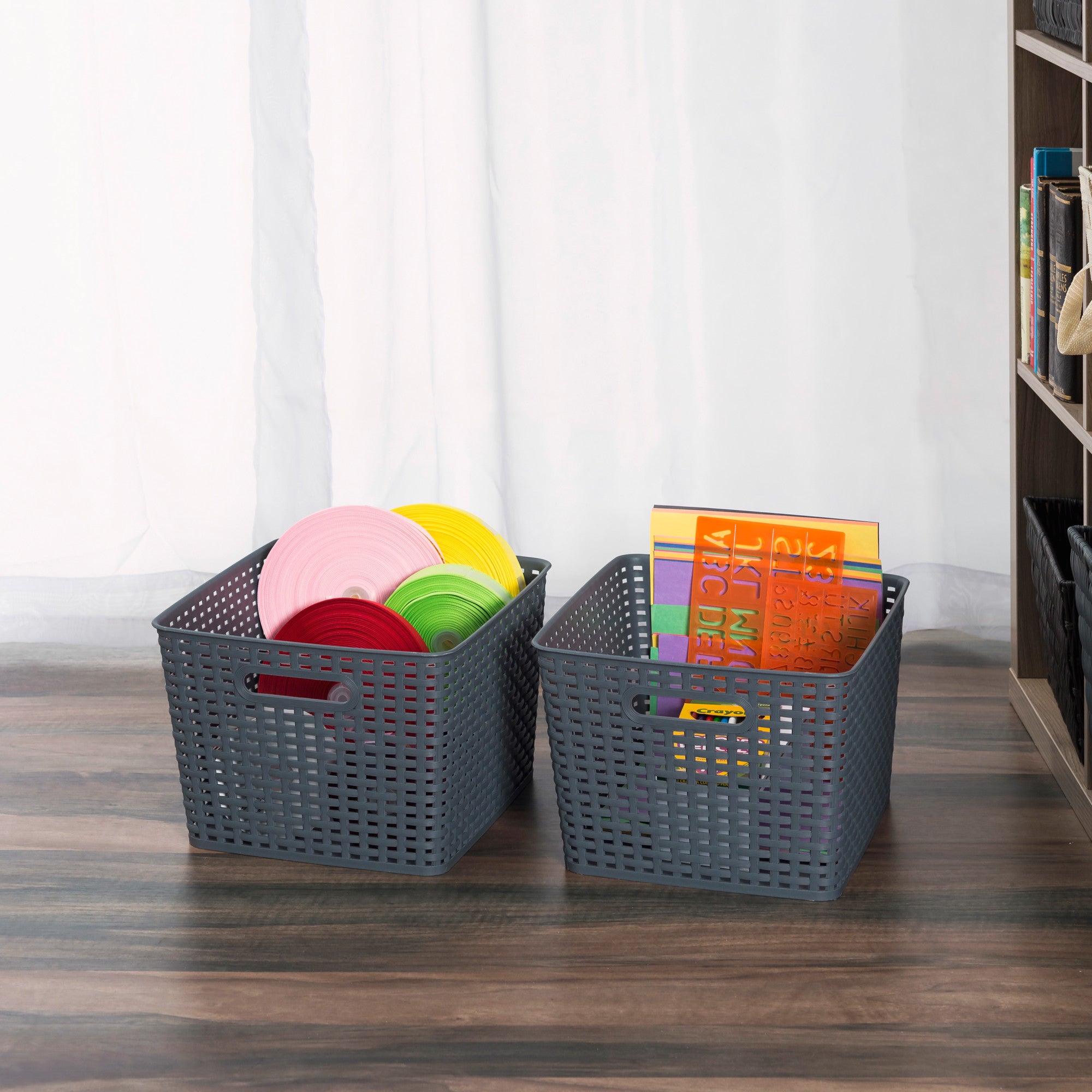 Home Basics Crossweave  14" x 11.5" x 8.75" Multi-Purpose Stackable Plastic Storage Basket, (Pack of 2) - Assorted Colors