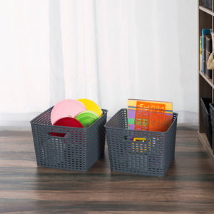 Home Basics Crossweave  14" x 11.5" x 8.75" Multi-Purpose Stackable Plastic Storage Basket, (Pack of 2) - Assorted Colors