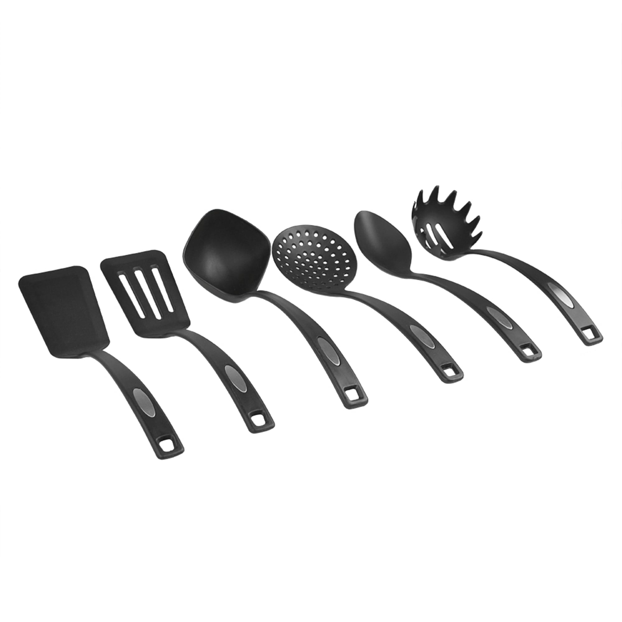 Home Basics 6 Piece Nylon Serving Utensils with Curved Handles, Black, FOOD PREP