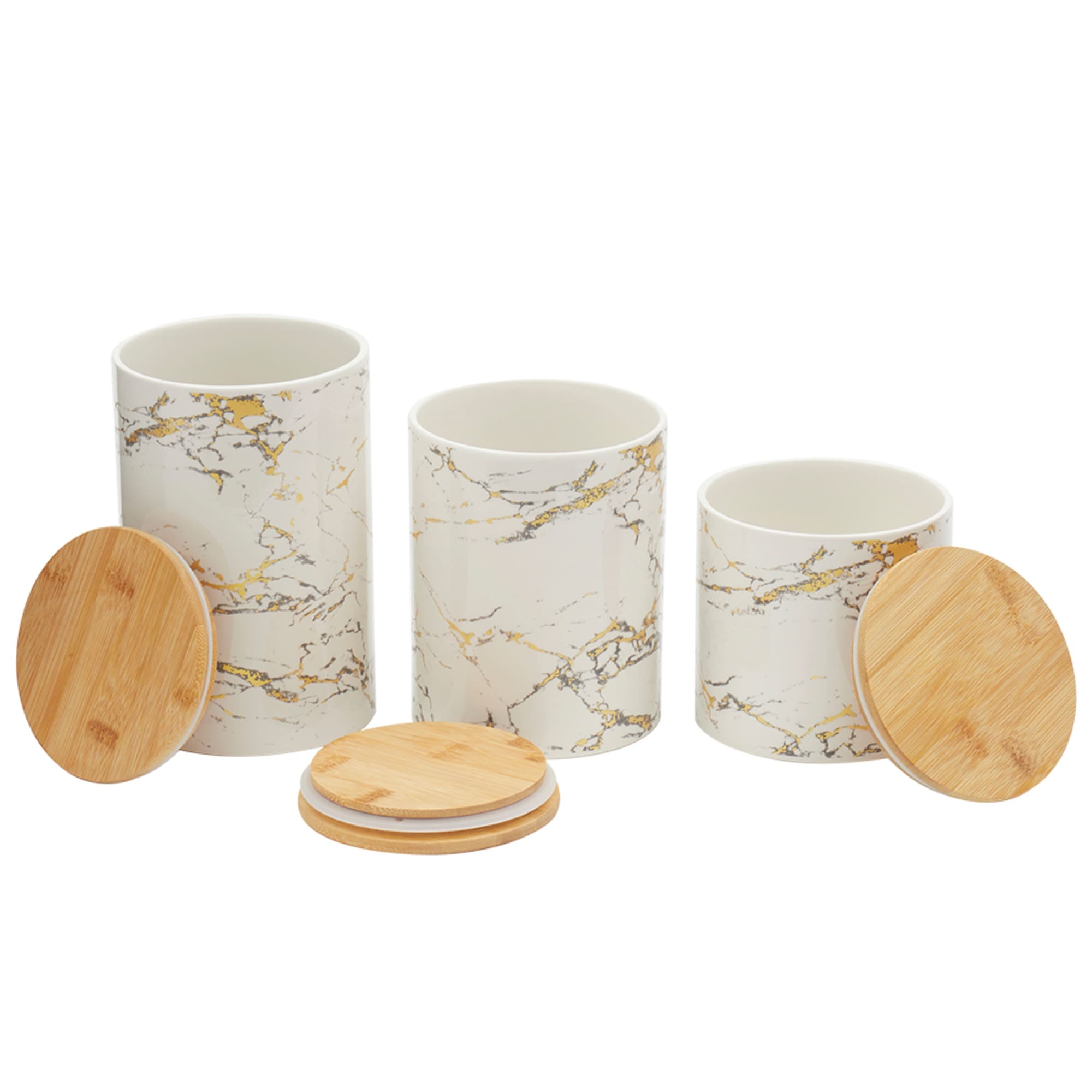 Home Basics 3 Piece Marble Print Ceramic Canister Set With Bamboo Tops, White $20.00 EACH, CASE PACK OF 3