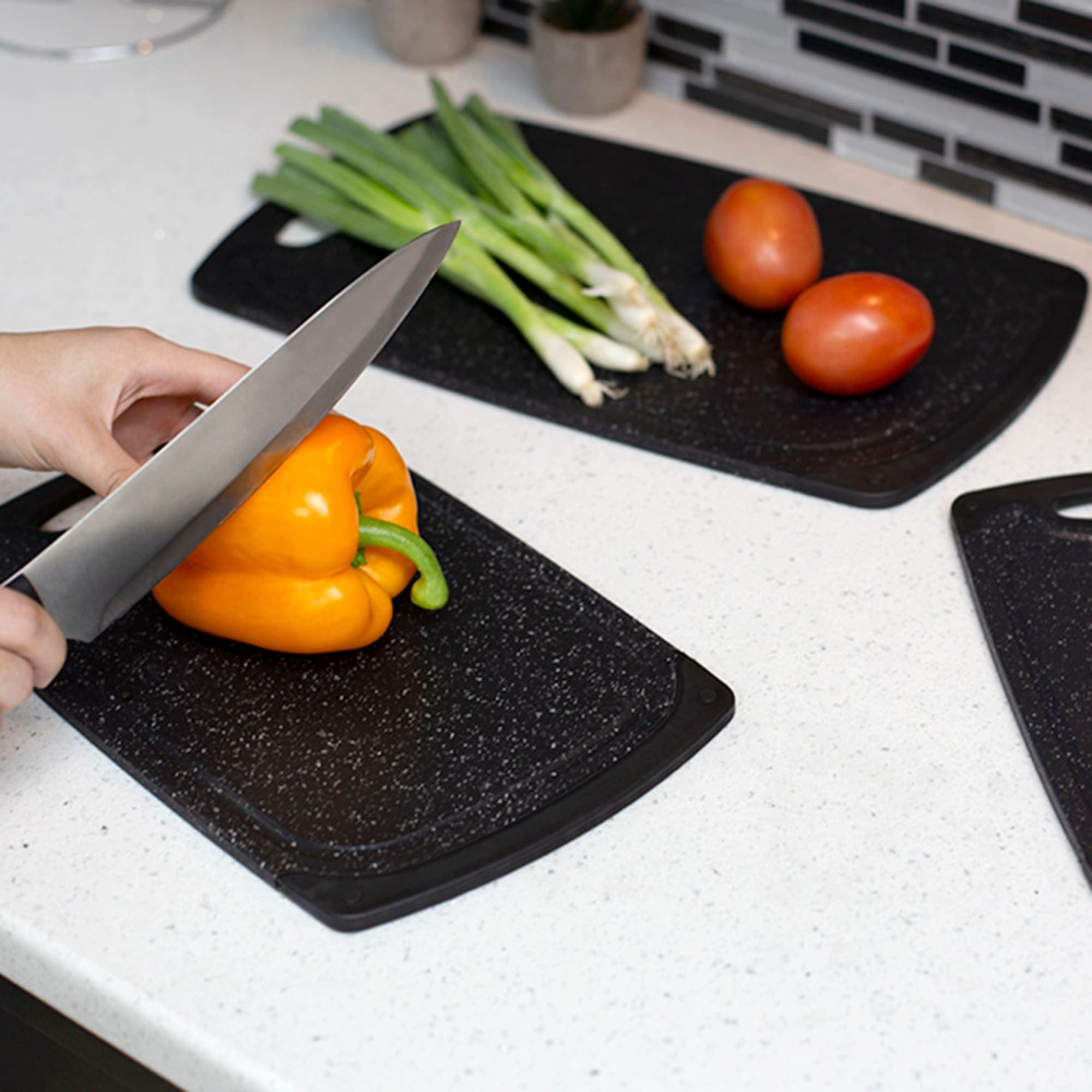 Home Basics 3 Piece Double Sided Granite  Look  Non-Slip Plastic Cutting Board Set with Deep Juice Groove and  Easy Grip Handle, Black $10.00 EACH, CASE PACK OF 6