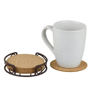 Home Basics Natural Cork 6 Piece Coaster Set with Scroll Collection Steel Holder $4.00 EACH, CASE PACK OF 12