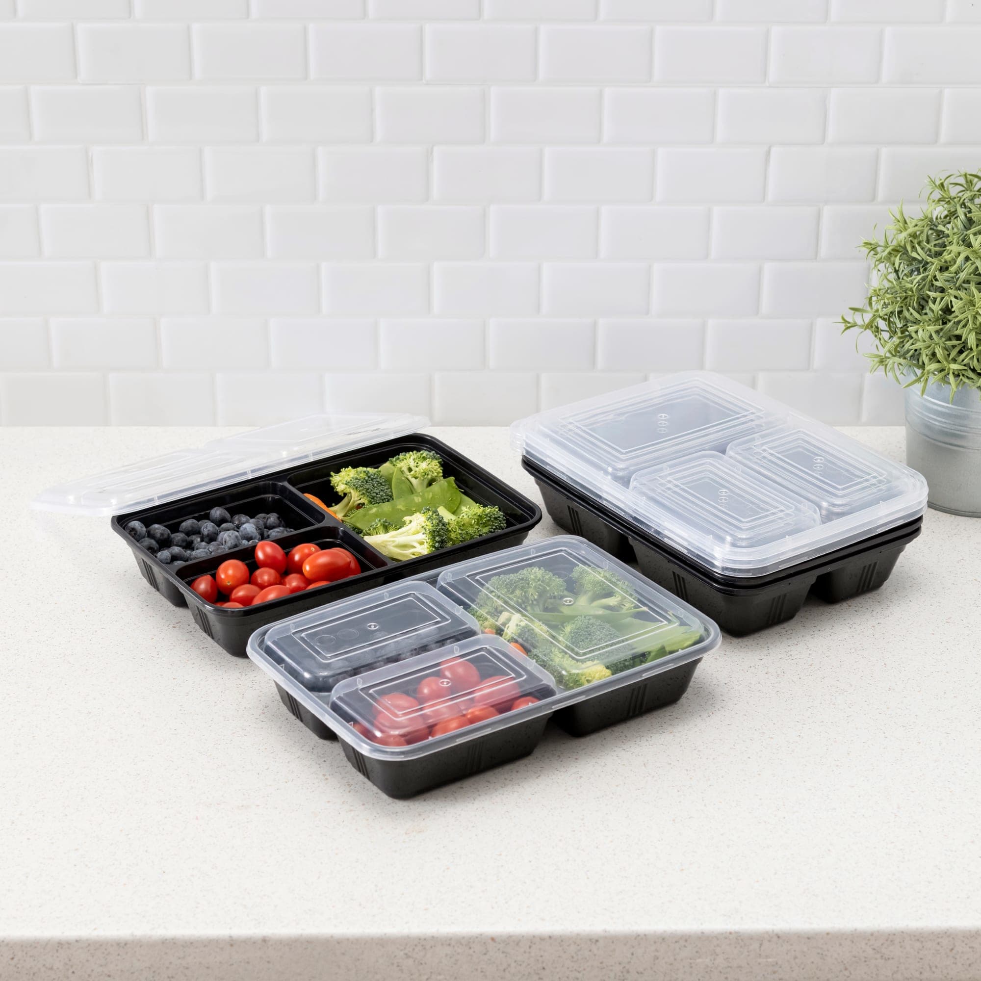Home Basic 10 Piece 3 Compartment BPA-Free Plastic Meal Prep Containers,  Black, FOOD PREP