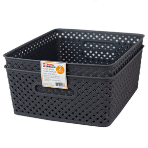 Home Basics Triple Woven 14" x 11.5" x 5.25" Multi-Purpose Stackable Plastic Storage Basket, (Pack of 2) - Assorted Colors