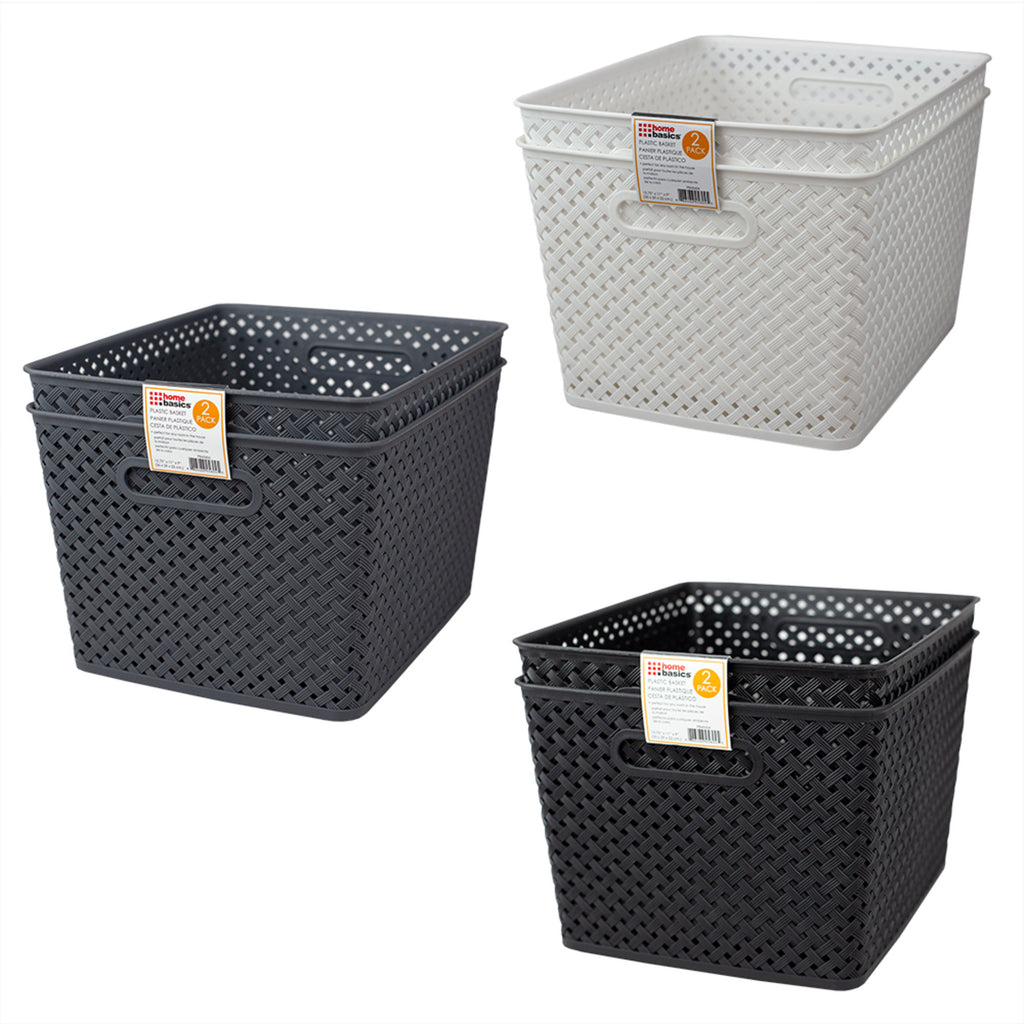 Home Basics Triple Woven 14" x 11.75" x 8.75" Multi-Purpose Stackable Plastic Storage Basket, (Pack of 2) - Assorted Colors