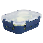 Load image into Gallery viewer, Michael Graves Design Rectangle Medium 21 Ounce High Borosilicate Glass Food Storage Container with Plastic Lid, Indigo $6.00 EACH, CASE PACK OF 12
