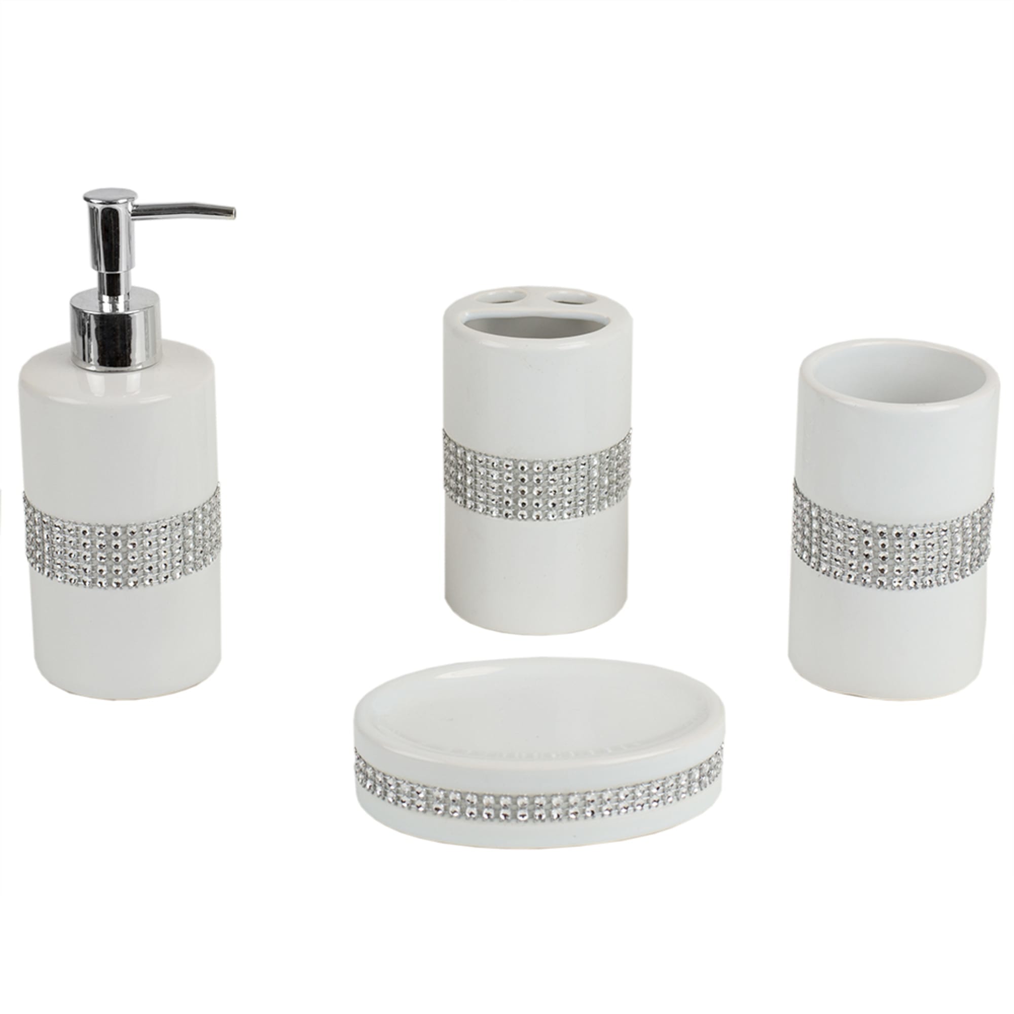 Home Basics 4 Piece Ceramic Luxury Bath Accessory Set with Stunning Sequin Accents, White $10.00 EACH, CASE PACK OF 12