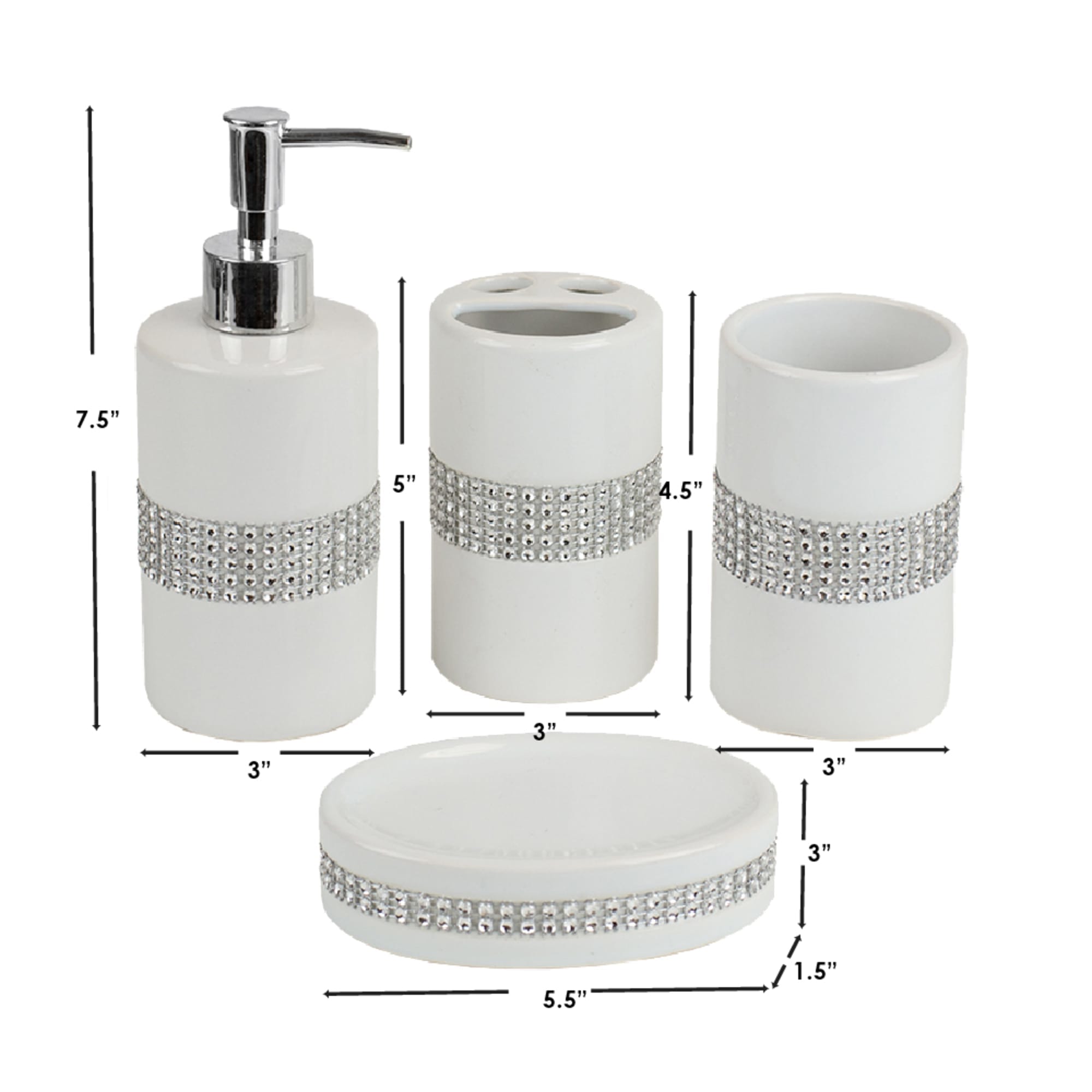 Home Basics 4 Piece Ceramic Luxury Bath Accessory Set with Stunning Sequin Accents, White $10.00 EACH, CASE PACK OF 12