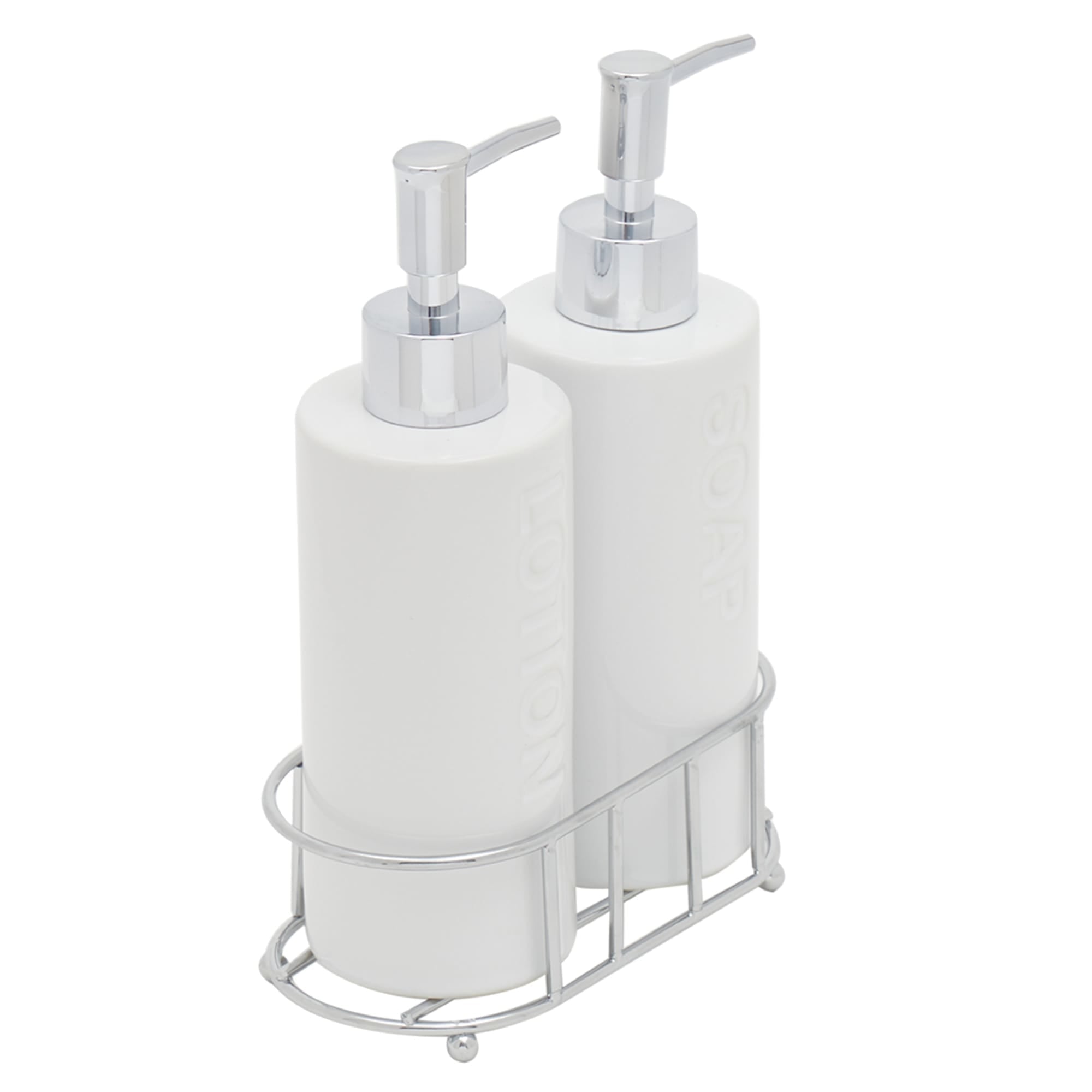Home Basics 2-Piece Ceramic Dispensers With Caddy, White $10.00 EACH, CASE PACK OF 6