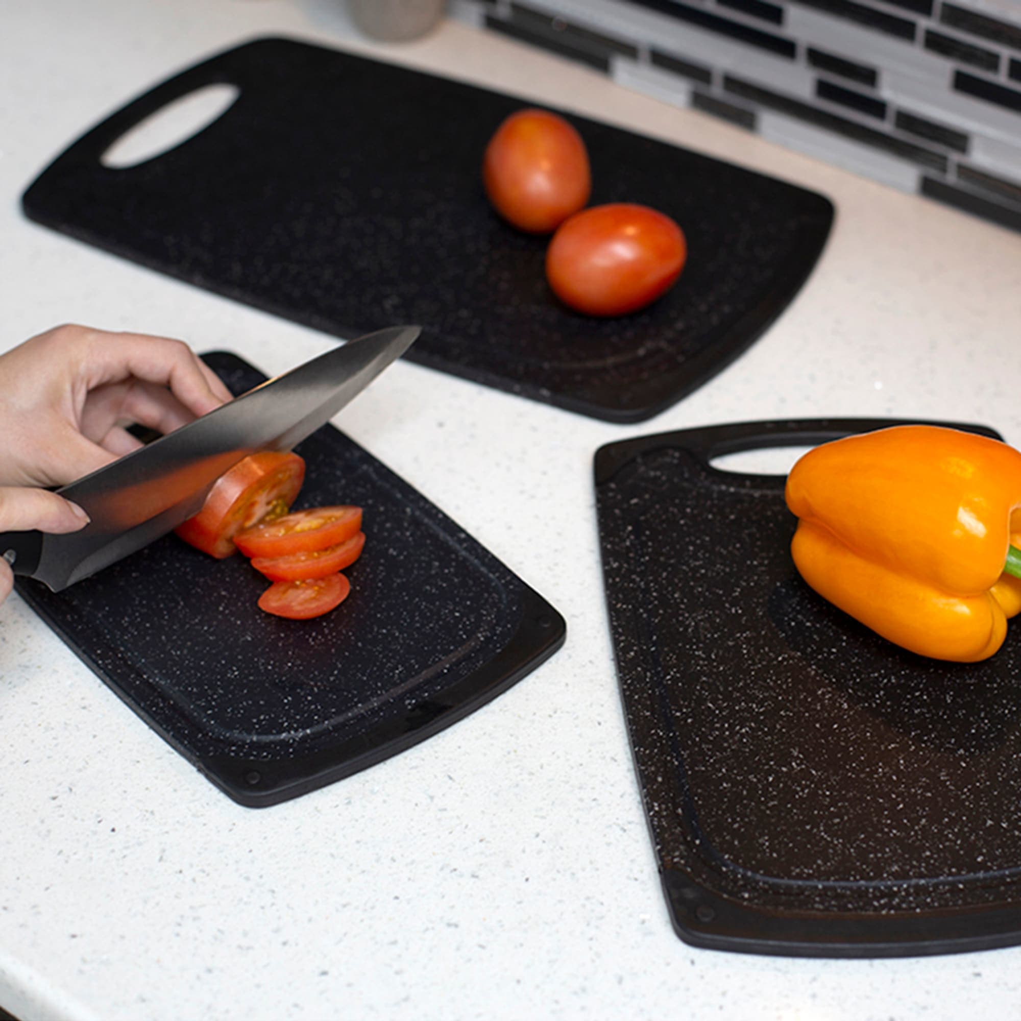 Home Basics 3 Piece Double Sided Granite  Look  Non-Slip Plastic Cutting Board Set with Deep Juice Groove and  Easy Grip Handle, Black $10.00 EACH, CASE PACK OF 6