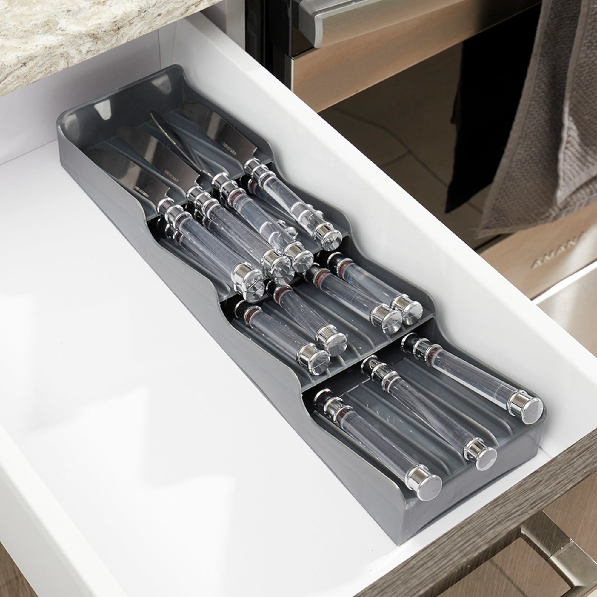 Home Basics Plastic Compact Kitchen Drawer Flatware Organizer, Grey $5.00 EACH, CASE PACK OF 12