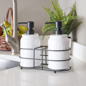 Home Basics 2 Piece Embossed Glazed Ceramic Soap Dispenser with Dual Compartment Metal Rack, White $10.00 EACH, CASE PACK OF 6