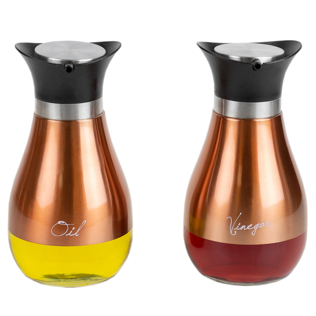 Home Basics 2 Piece Steel Oil and Vinegar Set with See-Through Glass Base, Copper - Assorted Colors
