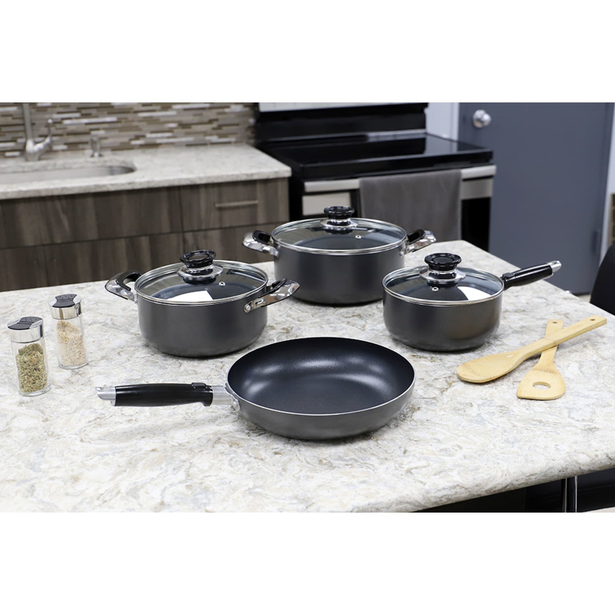Home Basics Non-Stick Black Aluminum Cookware Set with Bakelite Handles $35 EACH, CASE PACK OF 4