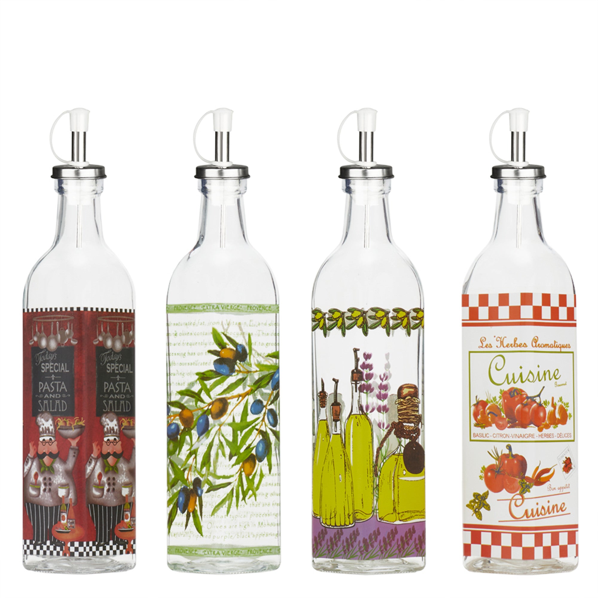 Home Basics 16 oz. Printed Pattern Tall Glass Oil and Vinegar Bottle with  Stainless Steel Spout - Assorted Colors