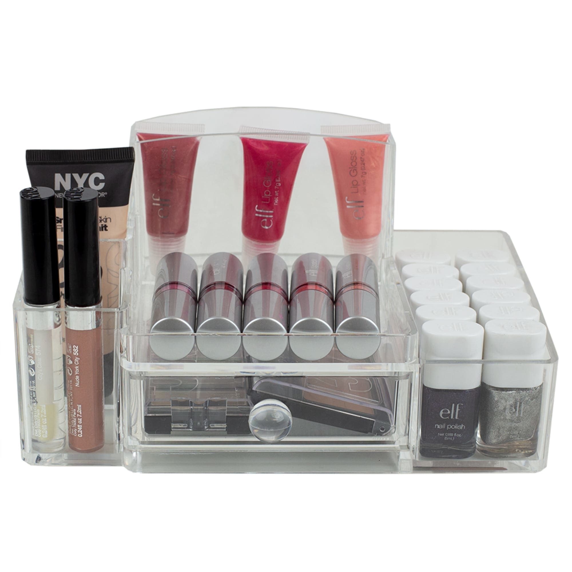 Home Basics Deluxe Medium Shatter-Resistant Plastic Multi-Compartment Cosmetic Organizer with Easy Open Drawer, Clear $8.00 EACH, CASE PACK OF 12